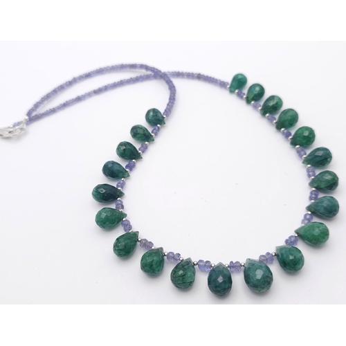 901 - A 125ctw Tanzanite Gemstone Single Strand Necklace with Emerald Drops. 925 Silver Clasp. 42cm. Ref: ... 