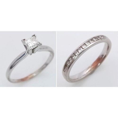 808 - Two Different Style 14K White Gold Diamond Rings - Diamond solitaire - size N - 0.50ct princess cut.... 