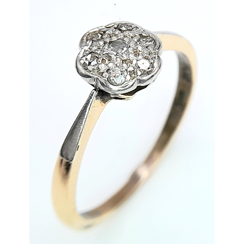 787 - AN 18K YELLOW GOLD & PLATINUM VINTAGE DIAMOND CLUSTER RING. Size R, 3.1g total weight. Ref: SC 8065