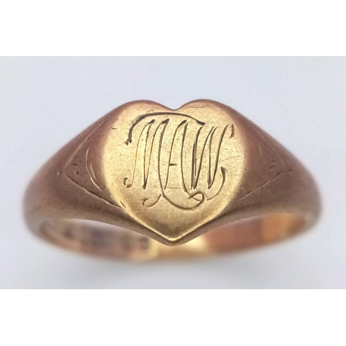 283 - A VINTAGE 9K GOLD HEART SHAPED RING WITH THE INITIALS 