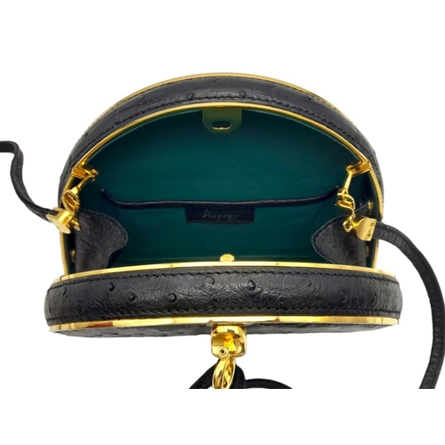 44 - An Asprey of London Black Ostrich Shoulder Bag. Comes with original Asprey box and mirror. Gilded ha... 