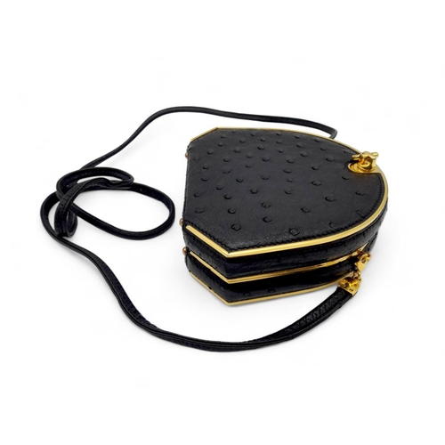 44 - An Asprey of London Black Ostrich Shoulder Bag. Comes with original Asprey box and mirror. Gilded ha... 