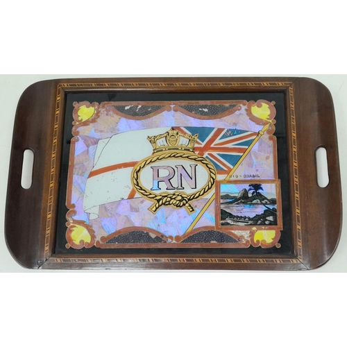 800 - A Lovely Vintage WW2 Era Decorative Inlay Butterfly Wing Wood Serving Tray. Royal Navy emblem at cen... 