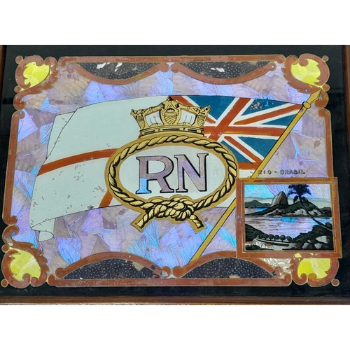 800 - A Lovely Vintage WW2 Era Decorative Inlay Butterfly Wing Wood Serving Tray. Royal Navy emblem at cen... 