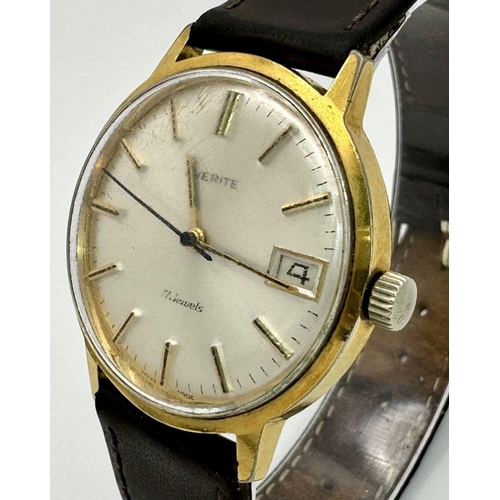 810 - A Vintage Everite 17 Jewels Mechanical Gents Watch. Brown leather strap. gilded case - 34mm. Silver ... 