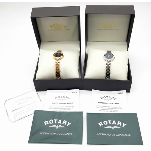 880 - Two Rotary Quartz Ladies Watches. Both as new but both in need of a battery so as found. Original pa... 