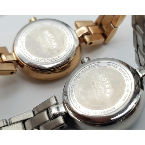 880 - Two Rotary Quartz Ladies Watches. Both as new but both in need of a battery so as found. Original pa... 