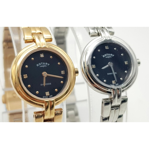 880 - Two Rotary Quartz Ladies Watches. Both as new but both in need of a battery so as found. Original pa... 