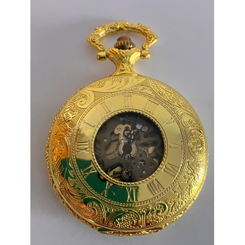 780 - Gilded SKELETON POCKET WATCH with Gilded chain.Manual winding in full working order. Condition New a... 