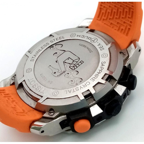 163 - A Tissot Sea Touch Quartz Gents Watch. Orange silicone strap. Stainless steel case - 45mm. Black dia... 