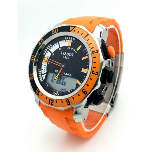 163 - A Tissot Sea Touch Quartz Gents Watch. Orange silicone strap. Stainless steel case - 45mm. Black dia... 