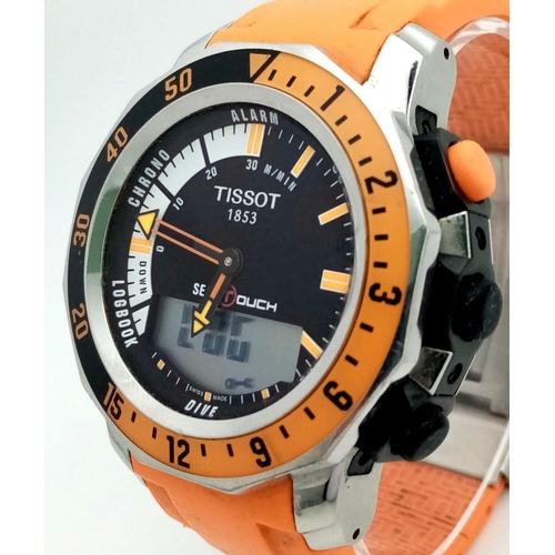 163 - A Tissot Sea Touch Quartz Gents Watch. Orange silicone strap. Stainless steel case - 45mm. Black dia... 