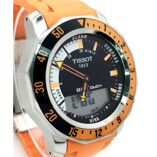 163 - A Tissot Sea Touch Quartz Gents Watch. Orange silicone strap. Stainless steel case - 45mm. Black dia... 