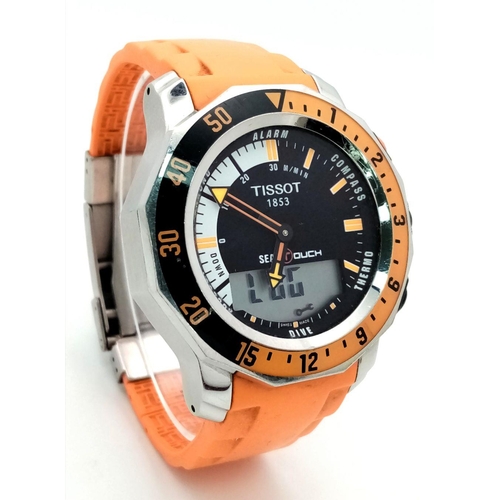 163 - A Tissot Sea Touch Quartz Gents Watch. Orange silicone strap. Stainless steel case - 45mm. Black dia... 