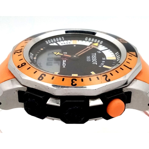 163 - A Tissot Sea Touch Quartz Gents Watch. Orange silicone strap. Stainless steel case - 45mm. Black dia... 