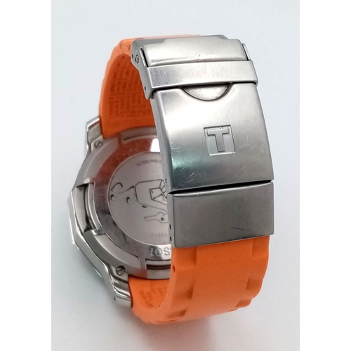 163 - A Tissot Sea Touch Quartz Gents Watch. Orange silicone strap. Stainless steel case - 45mm. Black dia... 