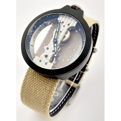 213 - A Verticale Mechanical Top Winder Gents Watch. Cream textile strap. Ceramic black skeleton case - 42... 