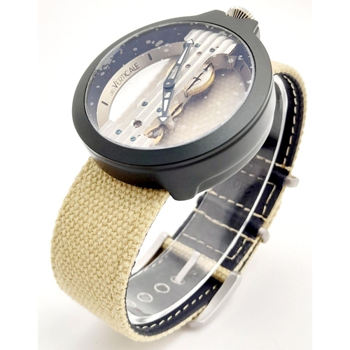 213 - A Verticale Mechanical Top Winder Gents Watch. Cream textile strap. Ceramic black skeleton case - 42... 