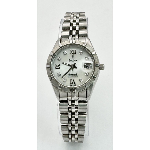 305 - A Bulova Eminence II Diamond Ladies Quartz Watch. Stainless steel bracelet and case - 25mm. White di... 