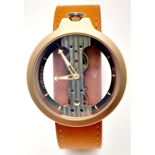 417 - A Verticale Mechanical Top Winder Gents Watch. Brown leather strap. Ceramic rose gold skeleton case ... 