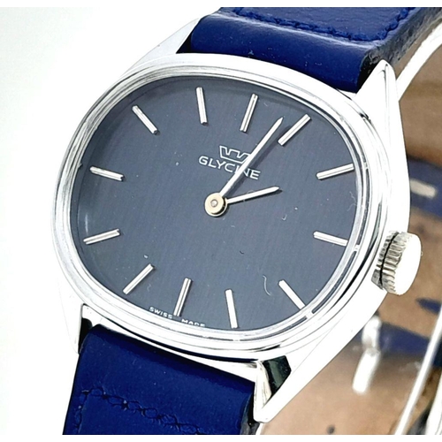 445 - A Glycine Swiss Mechanical Ladies Watch. Blue leather strap. Oval stainless steel case - 31mm. Blue ... 