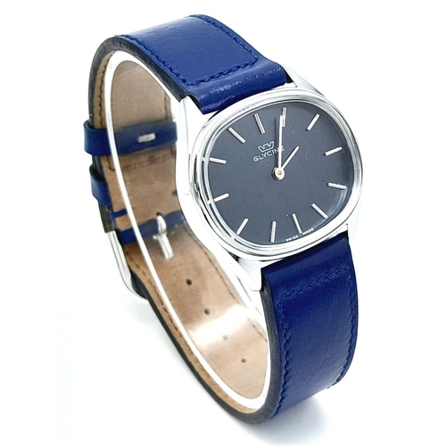 445 - A Glycine Swiss Mechanical Ladies Watch. Blue leather strap. Oval stainless steel case - 31mm. Blue ... 