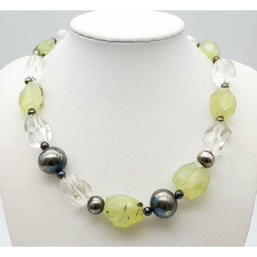 449 - A White Quartz and Prehnite 925 Silver Bracelet and Necklace Set. Comes with COA for bracelet. 25cm ... 