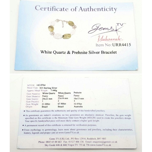 449 - A White Quartz and Prehnite 925 Silver Bracelet and Necklace Set. Comes with COA for bracelet. 25cm ... 