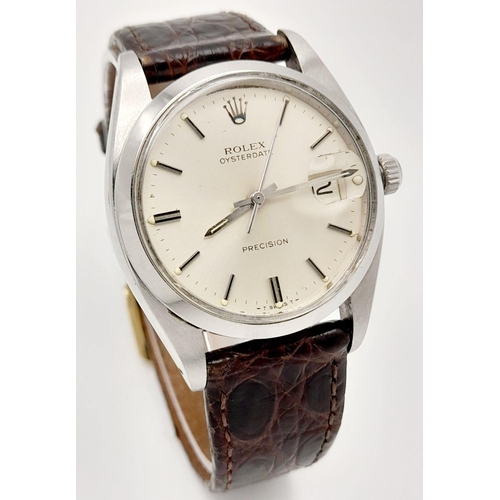 57 - A Vintage Rolex Precision Mechanical Gents Watch. Brown leather strap. Stainless steel case - 34mm. ... 