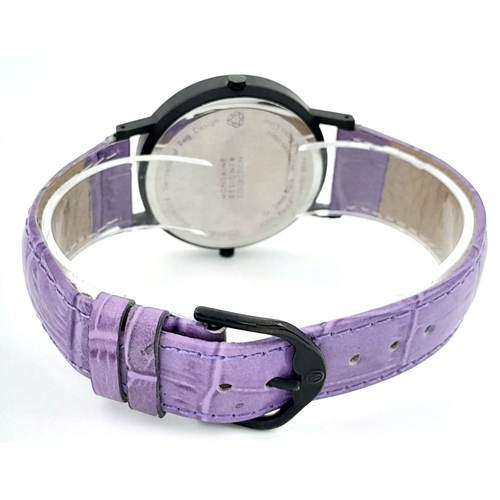 628 - A Mondaine Dual Time Quartz Ladies Watch. Purple leather strap. Case - 36mm. Purple dial with two su... 