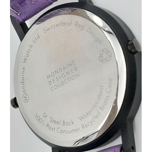 628 - A Mondaine Dual Time Quartz Ladies Watch. Purple leather strap. Case - 36mm. Purple dial with two su... 