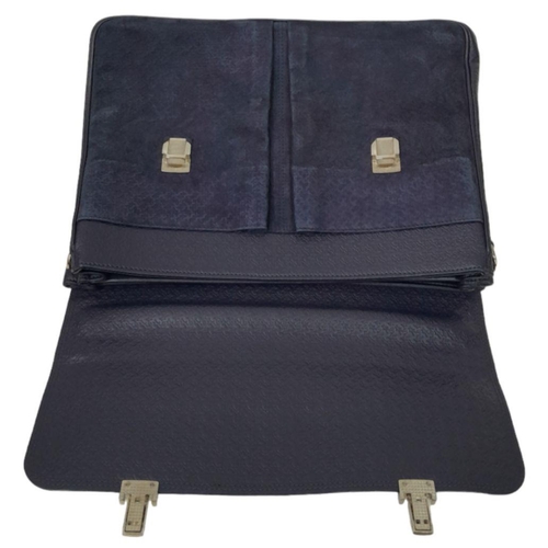 64 - A Billionaire Couture Royal Blue Business Bag. Embossed leather and suede exterior with silver-toned... 