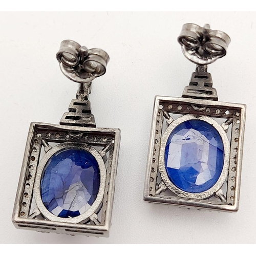 740 - A Sterling Silver Blue Sapphire Silver with Rose cut Diamonds Earrings. Blue sapphire- 7.28 Cts, Dia... 