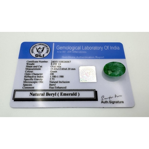 746 - A 8.25 Ct Faceted Natural Emerald, Hue Enhanced, in the Oval mix cut. Comes with the GLI Certificate... 