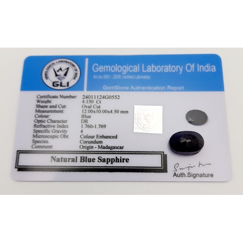 774 - A 4.15 Ct Natural Madagascar Blue Sapphire, Colour Enhanced, in the Faceted Oval Shape. Comes with t... 