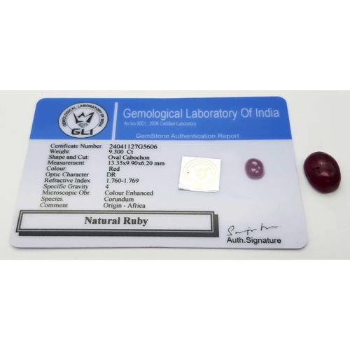 872 - A 9.30 Ct Cabochon Colour Enhanced African Natural Ruby, Oval Shape. Comes with the GLI Certificate.... 