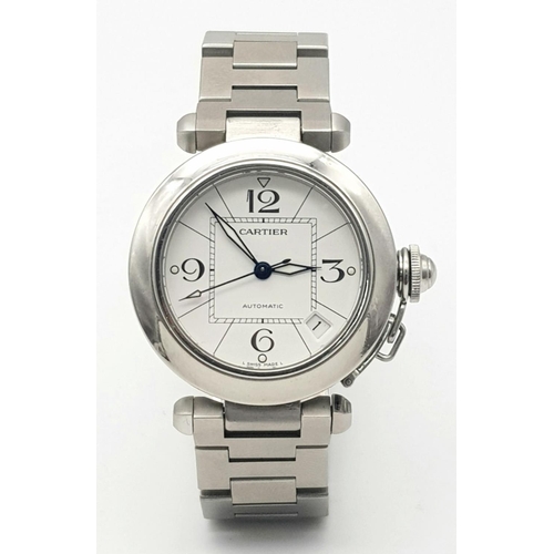 9 - An Automatic Pasha de Cartier Ladies Watch. Stainless steel bracelet and case - 35mm. White dial wit... 