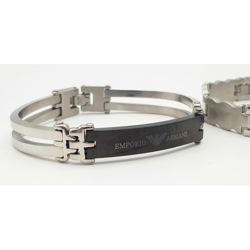 225 - Three Designer Stainless Steel Bracelets. 2 x Armani and a D and G.