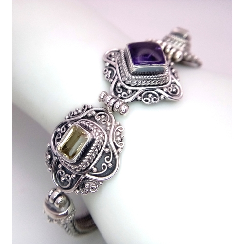 326 - A Decorative Amethyst and Lemon Citrine 925 Silver Bracelet. T-bar clasp. 20cm length, 28.12g total ... 