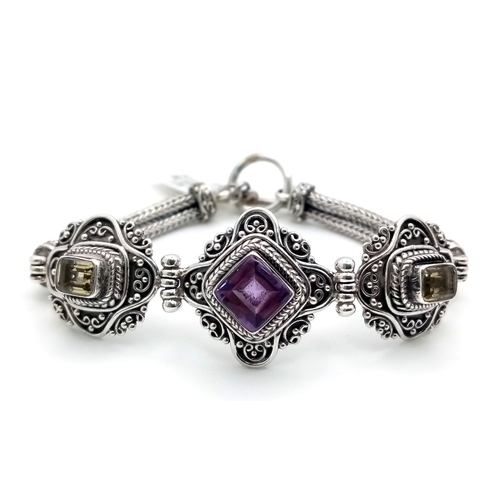 326 - A Decorative Amethyst and Lemon Citrine 925 Silver Bracelet. T-bar clasp. 20cm length, 28.12g total ... 