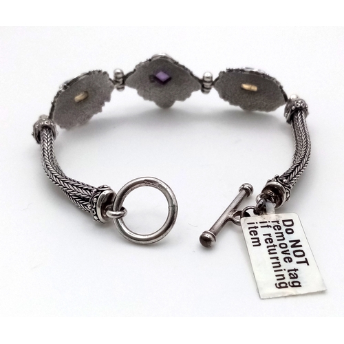 326 - A Decorative Amethyst and Lemon Citrine 925 Silver Bracelet. T-bar clasp. 20cm length, 28.12g total ... 