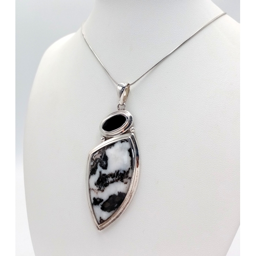 361 - A Zebra Jasper and Black Agate on 925 Silver Freeform Pendant on Sterling Silver Snake Chain Necklac... 