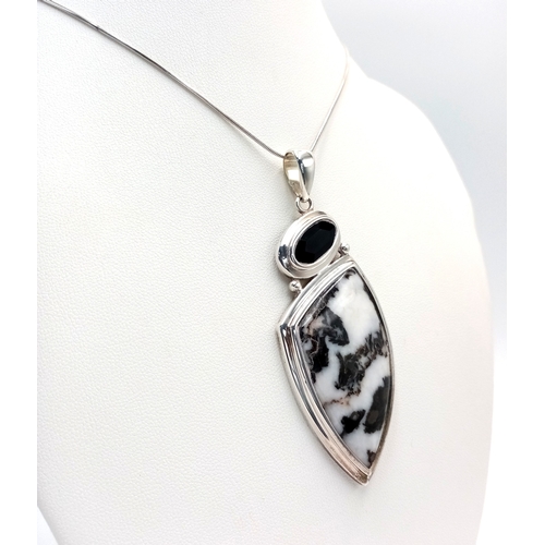 361 - A Zebra Jasper and Black Agate on 925 Silver Freeform Pendant on Sterling Silver Snake Chain Necklac... 