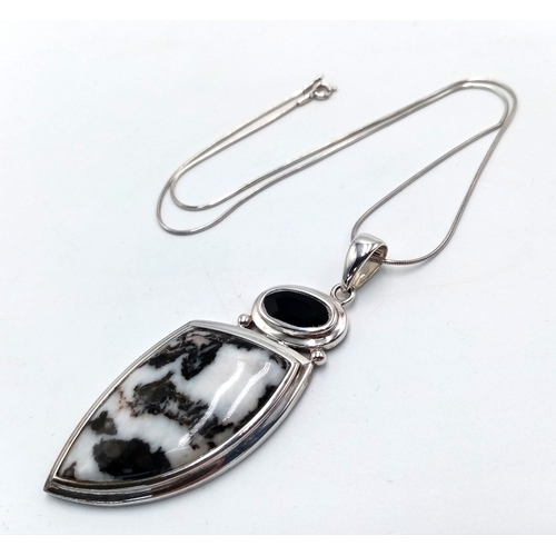 361 - A Zebra Jasper and Black Agate on 925 Silver Freeform Pendant on Sterling Silver Snake Chain Necklac... 