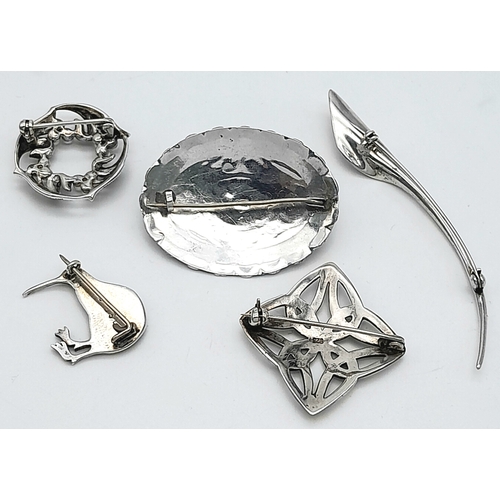 389 - A Selection of Five 925 Silver Brooches - abalone shell kiwi bird, Celtic, decorative seed pearls, l... 