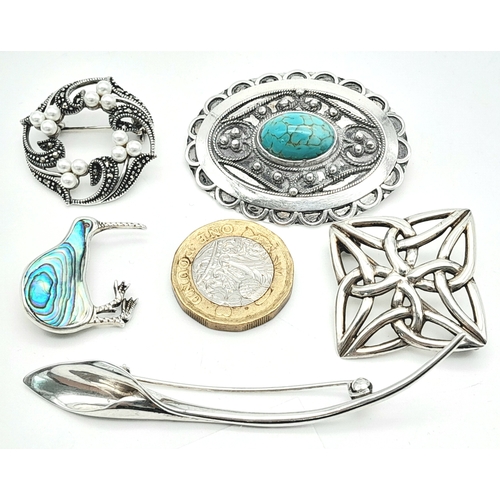 389 - A Selection of Five 925 Silver Brooches - abalone shell kiwi bird, Celtic, decorative seed pearls, l... 