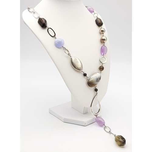 477 - A Multi-Gemstone 925 Silver Necklace. Gemstones include moss agate, amethyst, blue lace agate and sm... 