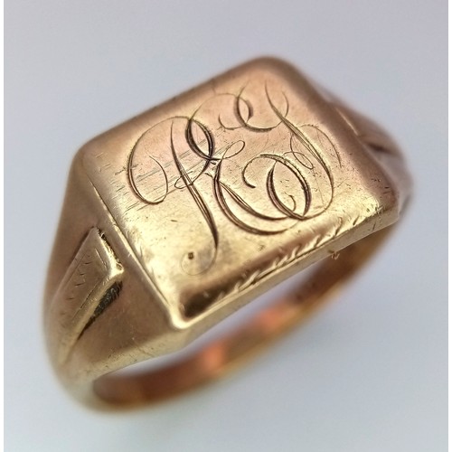 3 - A Vintage 9k Yellow Gold Monogram Ring. Size S. 5.6g