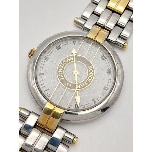 136 - A Longine Rodolph Quartz Gents Watch. Two tone bracelet and case - 33mm. Silver tone dial. In workin... 