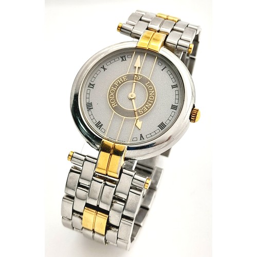 136 - A Longine Rodolph Quartz Gents Watch. Two tone bracelet and case - 33mm. Silver tone dial. In workin... 